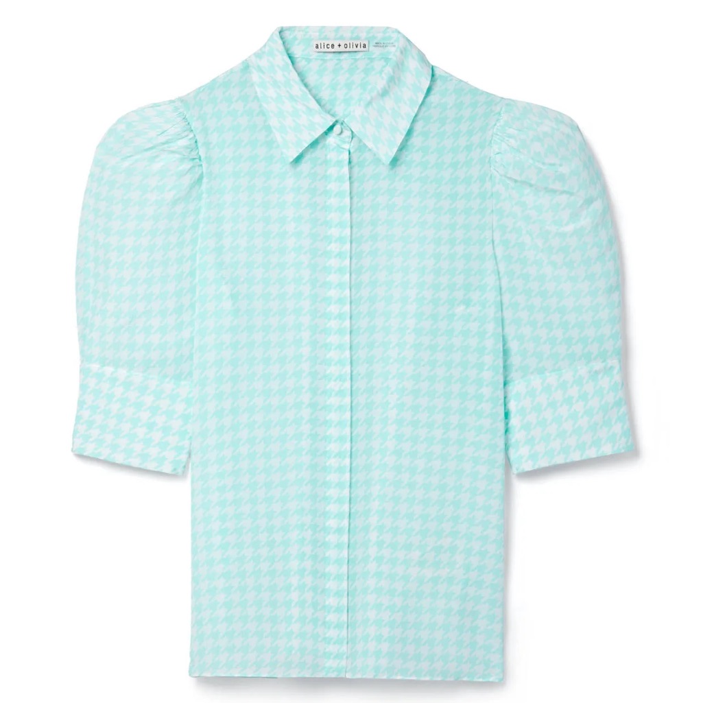 Alice + Olivia Willa Houndstooth Silk Shirt Short Sleeve Sz M
